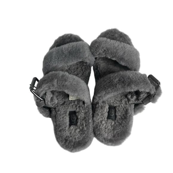Ugg‎ Fuzz Yeah Slippers Gray Shearling Fuzzy Slide Big Buckle Sandals Women’s 9 - Picture 3 of 9